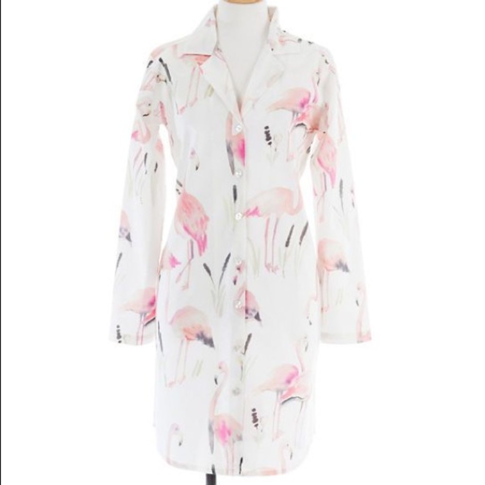 NWOT PINE CONE HILL FLAMINGOS Nightshirt Sleep Lounge Dress White Pink Small